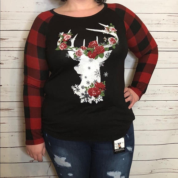 Tops - Plaid Floral Buck Long Sleeve Shirt